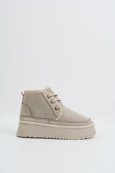 Feyz istanbul Beige Suede Women's Boots - Thick Sole, Lace-Up and Fur Uga