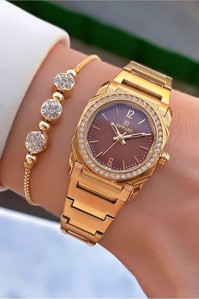 Reward Brand Gold Color Small Case Steel Cord Women's Wristwatch - with Bracelet Gift