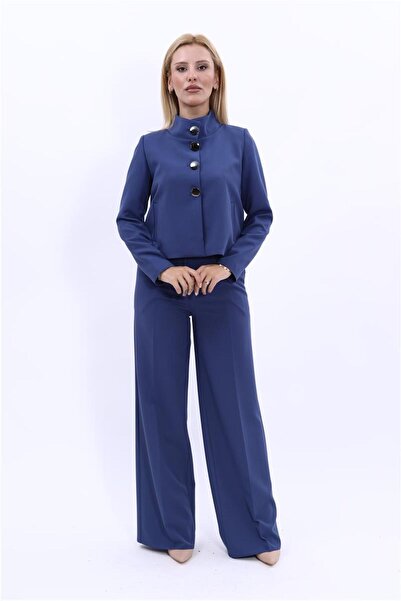 ÖNDER ÖZSOY Boydan Düğmeli Mini Ceket & Yüksek Bel Pileli Bol Paça Pantolon Takım-İndigo