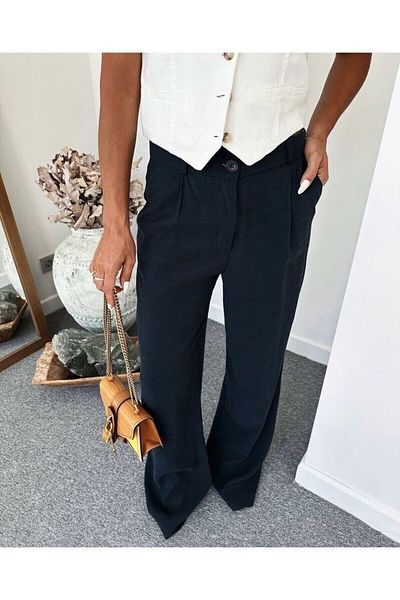 Natavanbutık Palazzo Black Pleated High Waist Trousers