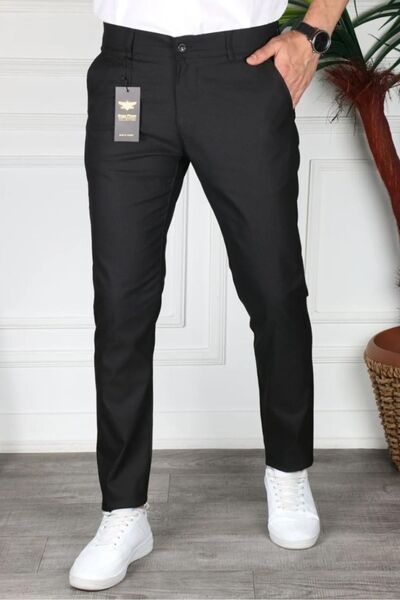 Genel Markalar Erkek Siyah Slim Fit İtalyan Kesim Keten Pantolon