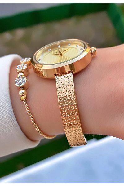 Reward Brand Gold Color Small Case Steel Cord Women's Wristwatch - with Bracelet Gift
