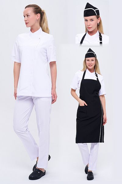 TIPTEKS Women's Royal Short Sleeve White Cook Jacket + Pants / Black Cap and Sling Apron - White Piping Set