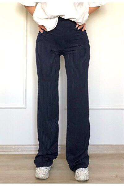 dorsha المرأة الأزرق الداكن عالية الخصر جديد مضلع واسعة الساق طماق