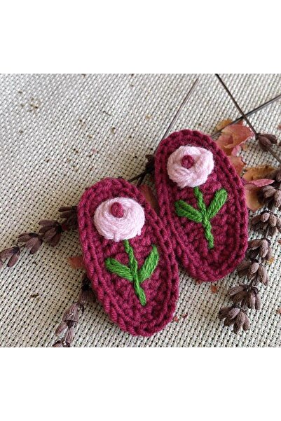 Mercan Sonbahar Renklerinde 2'Li Çiçek Desenli Örgü Çıt Çıt Tokalar