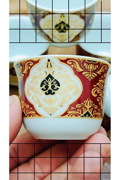 SAMSA Gold Pattern Claret Red Colored Model Handleless Porcelain Mirra Coffee Pot Set for 6 People