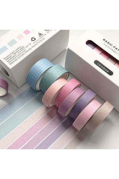 GUGUK Rainbow Pastel Themed 7-Color Washi Tape • Sticky Note