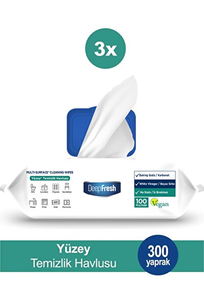 Deep Fresh İz Bırakmaz Yüzey Temizlik Havlusu 100 Yaprak 3 Adet | Beyaz Sabun Kokulu | Karbonat, Beyaz Sirke