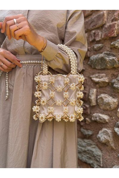 BEYBACO Luxury Pearl Beaded Special Design Evening Bag with Ring Detail - Pearl Handbag