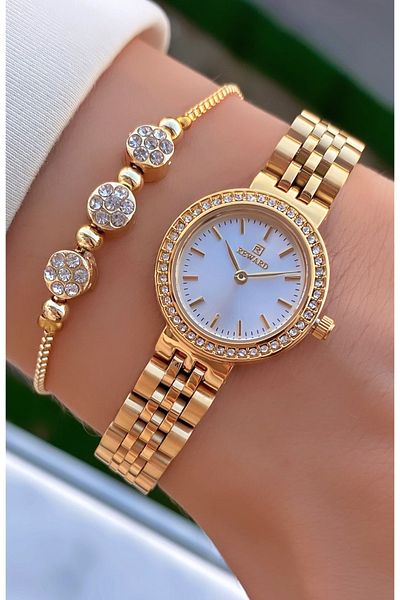 Reward Brand Gold Color Small Case Steel Cord Women's Wristwatch - with Bracelet Gift