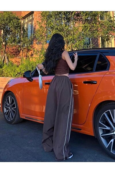 1blood Harajuku Y2k Λεπτομέρεια με φερμουάρ Διπλή ριγέ καφέ φόρμα υπερμεγέθη καφέ παντελόνι αλεξίπτωτου