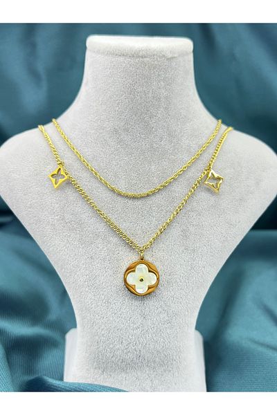 Lavienta Gold Double Mother of Pearl Vintage Steel Necklace