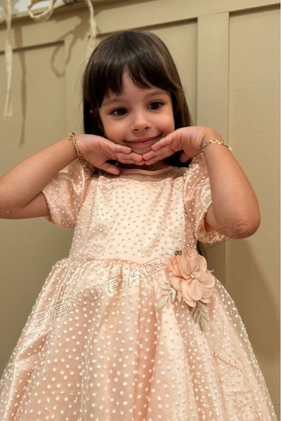 penu baby kids Rochie pentru fetiță, cu mânecă scurtă, cu buline, cu sclipici mici, somon