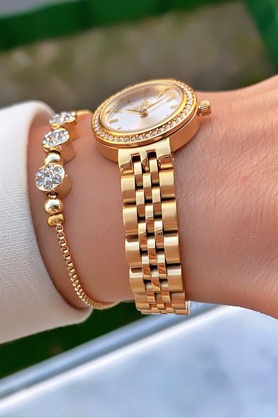 Reward Brand Gold Color Small Case Steel Cord Women's Wristwatch - with Bracelet Gift