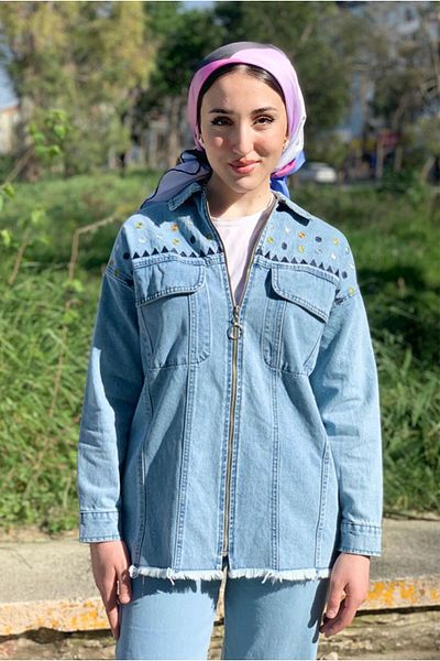 Moda Rosa 25K5271 - Light Blue - Embroidered Zippered Jeans Jacket