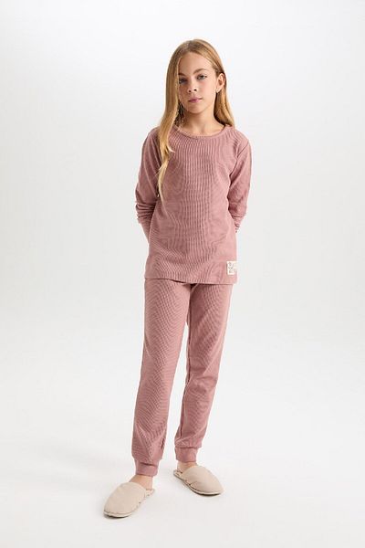 DeFacto Set de pijamale cu vafe pentru fete - mânecă lungă, etichetă, talie superioară elastică D6054a824au