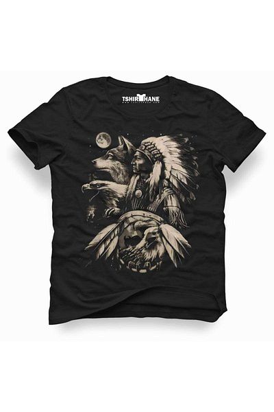 Tshirthane Ανδρικό μαύρο μπλουζάκι με στάμπα ιθαγενών Αμερικανών Wolf