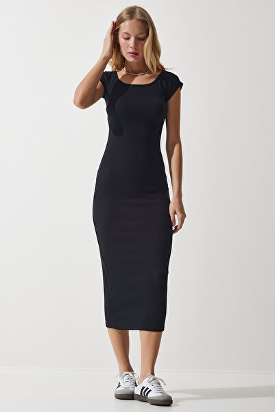 Lovelyİstanbul Плетена рокля с кръгло деколте и оребрена яка, черна, LUB0049