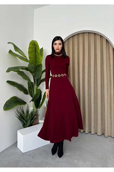 Afiş Butik Bordo Balıkçı Yaka Uzun Kollu Elbise