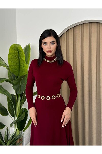 Afiş Butik Bordo Balıkçı Yaka Uzun Kollu Elbise