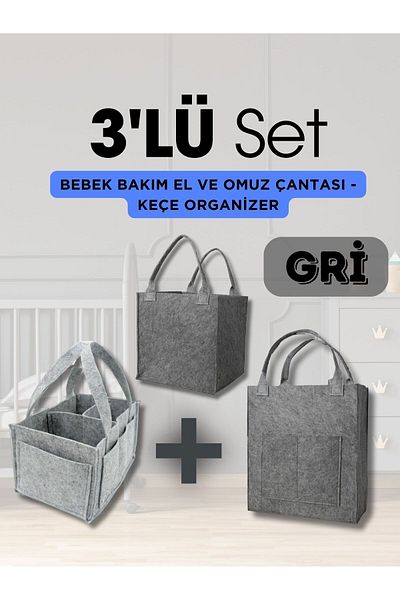 YUNUSOĞLU HOME 3 Piece Felt Box for Newborn - Hand and Shoulder Bag, Organizer