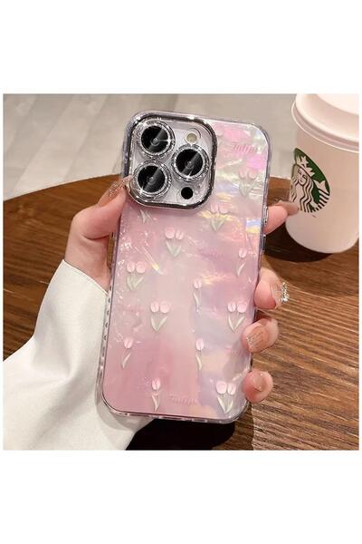 Zebana Apple iPhone 12 Pro Uyumlu Kılıf Zebana Tulip Flower Silikon Kılıf Pembe