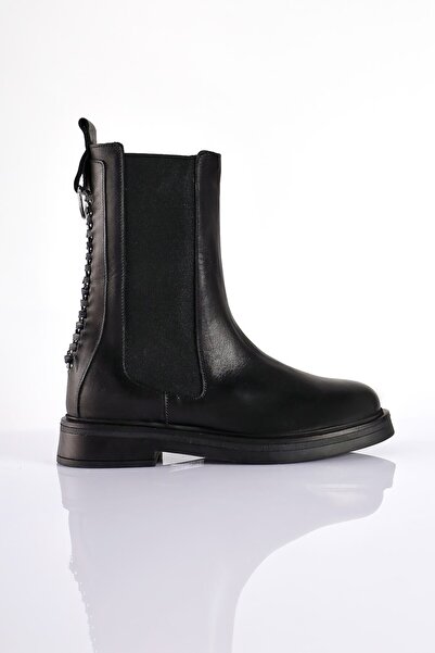 SU SHOE BOUTIQUE No58 Kadın Siyah Hakiki Deri Örme Zincirli Chelsea Bot