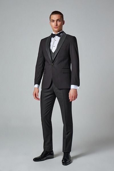 D'S Damat Slim Fit Black Plain Groom Suit & Tuxedo Suit with Vest