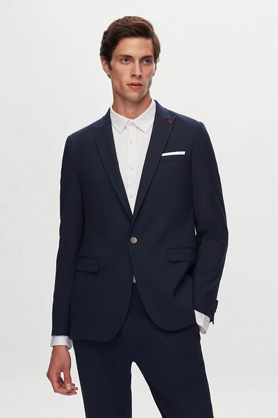 Twn Navy BlueSlimFit Viscose Suit - Plain Pointed Collar