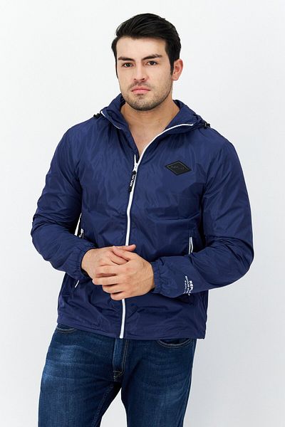 Replay Men Hooded Brand Logo Long Sleeve Windbreaker Jacket, Blue