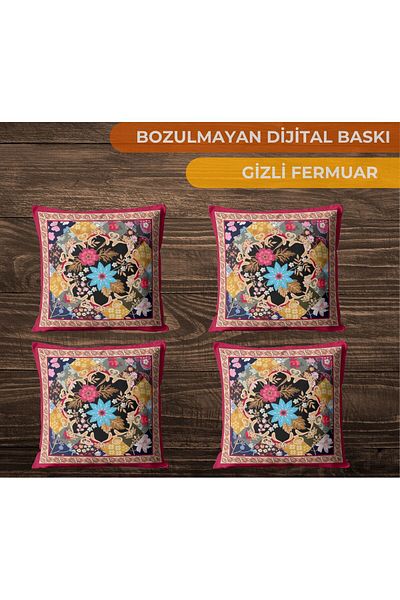CİMENS Set de 4 canapele cadou imprimate digital - fundal roșu, model de flori albastru roz