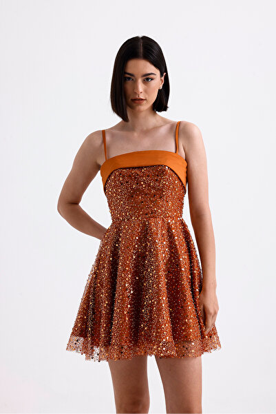 Tangül&Ali'S Moda Evi Boncuk İşlemeli Tarçın Rengi Mini Elbise