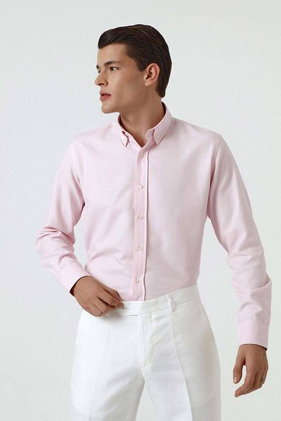 D'S Damat Ροζ Slim Fit βαμβακερό πουκάμισο - Dobby γιακάς και λεπτομέρεια με κουμπί