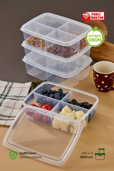 Bonjour 3 Pieces 4 Compartments 1000ml Vegetable Chicken Meat Container Refrigerator Organizer Storage Box