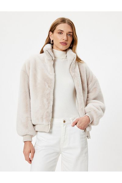 Koton Plyšový oversize kabát s límečkem na zip