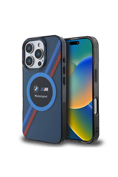 BMW iPhone 16 Pro Max  Uyumlu Kılıf BMW Lisanslı Magsafe Özellik M Logo Üç Renk Çizgi Motorsport