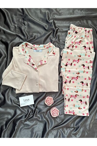 Lena Homewears Σετ θερμικής πιτζάμες με κουμπιά με σχέδια σε σκόνη Dogi