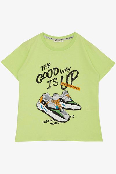 Breeze Tricou pentru băiat 8-14 ani - tematică stradală și pantofi imprimați, verde fistic