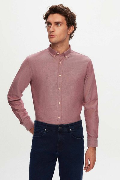 D'S Damat Πουκάμισο Claret Red Cotton Slim Fit - Dobby γιακάς και λεπτομέρεια με κουμπί