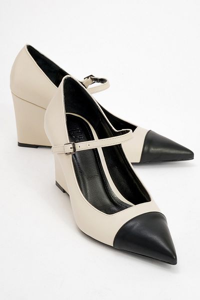 LuviShoes OHIO Ecru Skin Black Skin Damen-Schuhe mit Keilabsatz