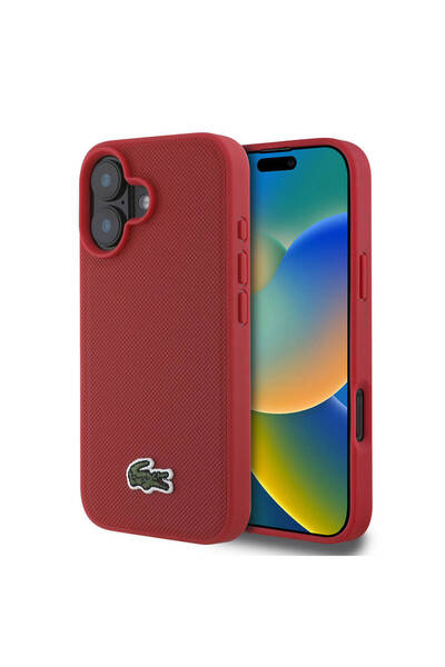 Lacoste iPhone 16 Plus Uyumlu Kılıf Lacoste Lisanslı PU Pike Desenli İkonik Timsah Dokuma Logolu Kırmızı