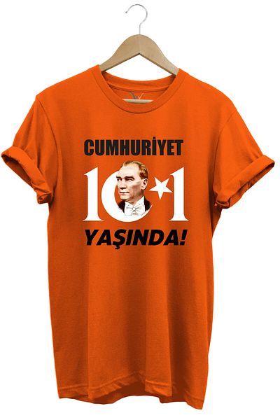 WİDİ 29 October Republic Day Atatürk Moon Star Printed Republic 101 Years Old Turkey Orange T-Shirt