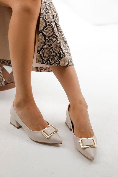 Beyond Women's Beige Double Buckle Leather Classic Heeled Shoes 4cm Byndkp704