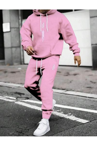 SKYLİGHT Women / Men Pink Vertical Printed 3 Thread Oversize Hooded Tracksuit Set