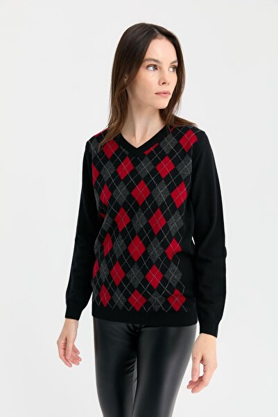 Desen Triko Women's V-Neck Baklaval Wool Sweater Black