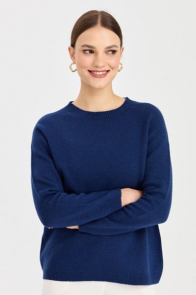 Desen Triko Women's Crew Neck Classic Wool Sweater Indigo