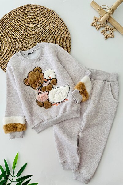 Minigimin Cicileri My Little Teddy Bear Plush Detailed Girl's Winter Set - Gray