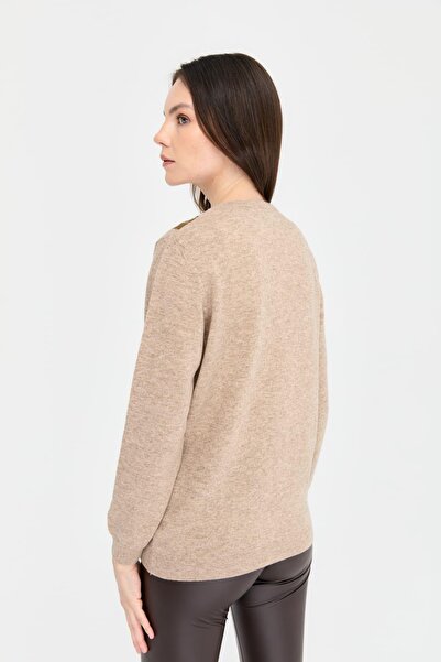 Desen Triko Beige Women's Woolen Sweater - V-Neck and Baklaval