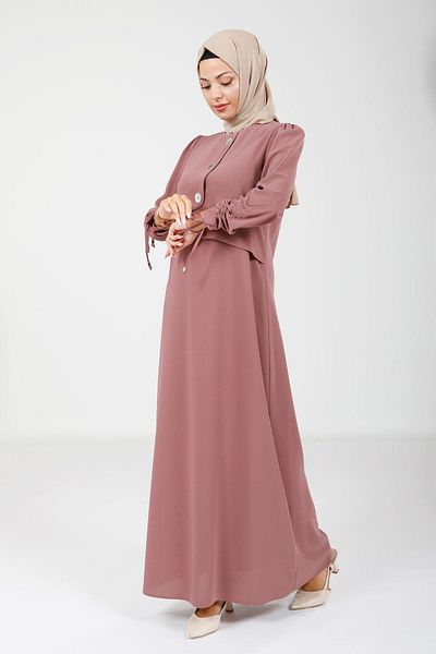 Beyza Κουμπί Λεπτομερής Λαβή Gathered Dusty Rose Χρώμα Μουσουλμανικό Φόρεμα 5649