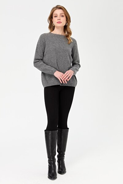 Desen Triko Women's Crew Neck Classic Wool Sweater Smoked